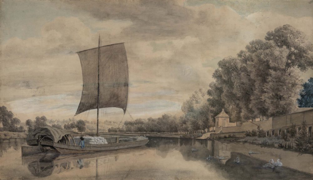 River scene with square rigged sailing barge