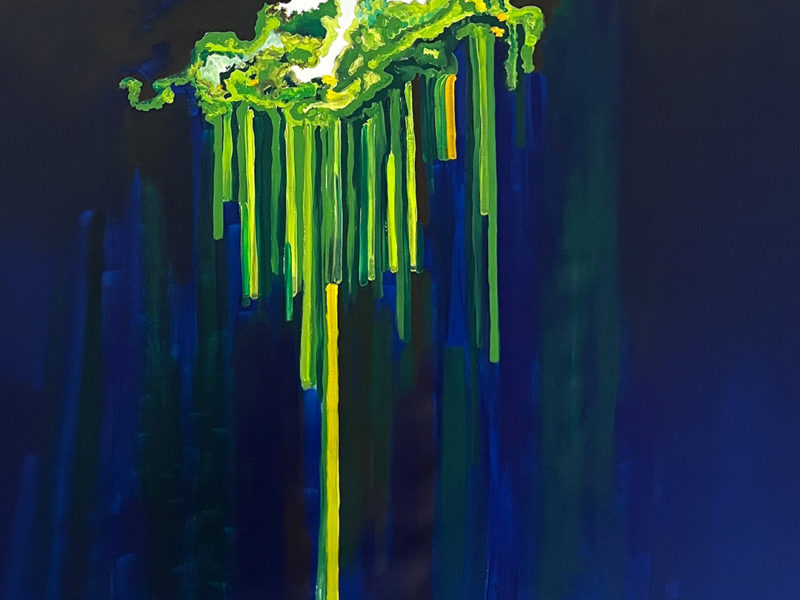 Abstract painting of green and yellow forms dripping into reflective blue water against a dark background