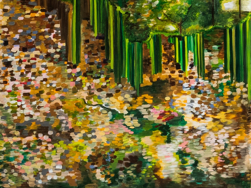 Impressionist painting of a tree-lined stream reflecting colorful foliage and a sunlit garden path
